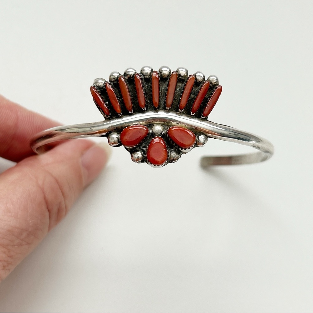 Vintage Zuni Red Mediterranean Coral Needlepoint Sterling Silver Cuff Bracelet